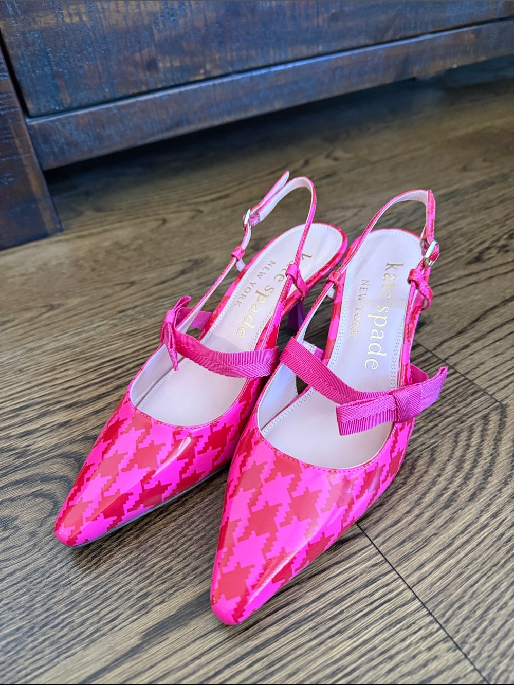 kate spade Pink Houndstooth Pointed Slingback Mules